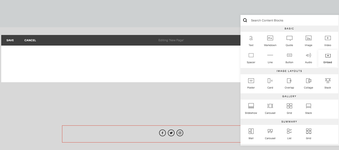 Preview of embed button in squarespace website