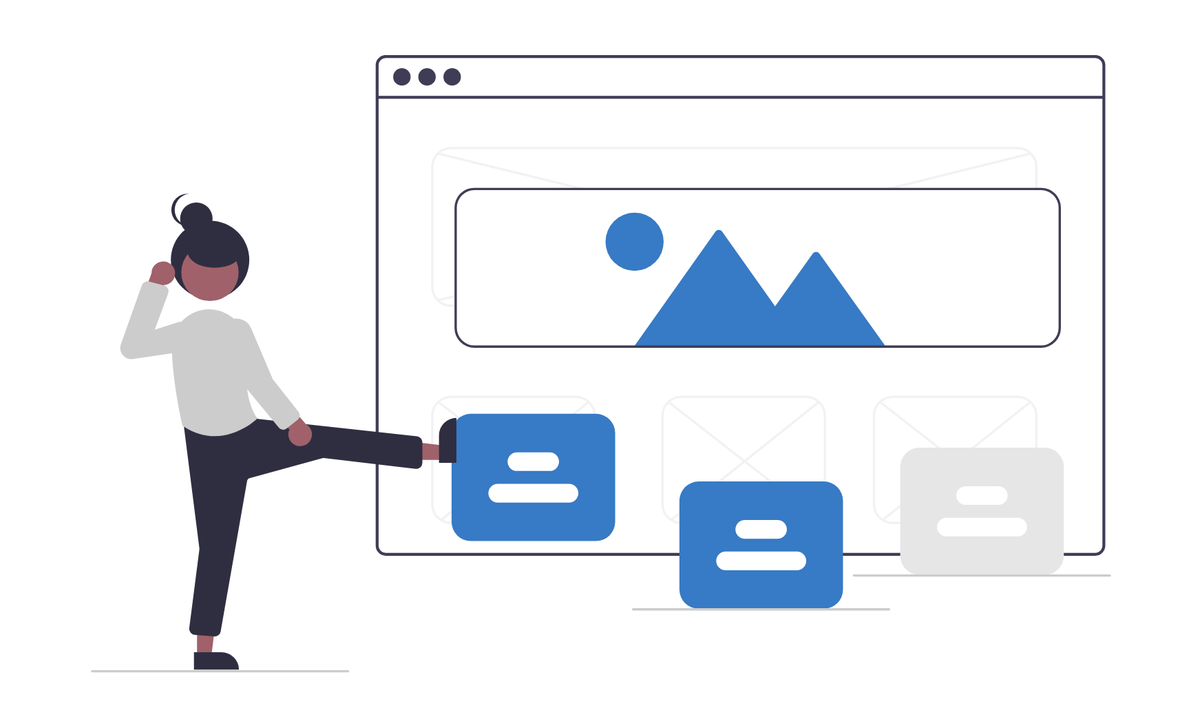 woman interacting with a web interface, selecting content blocks